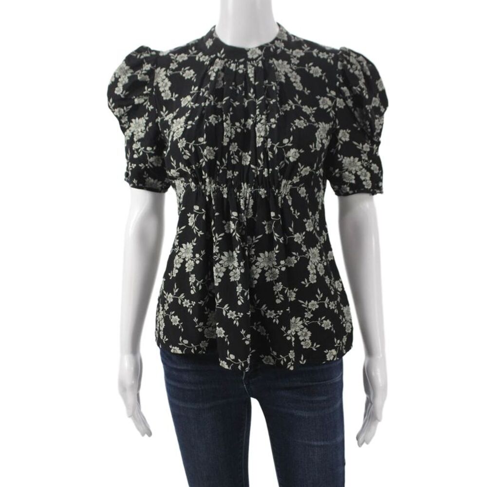 CO Womens Basic Black Viscose Floral High Neck Short Sleeve Blouse Size XS